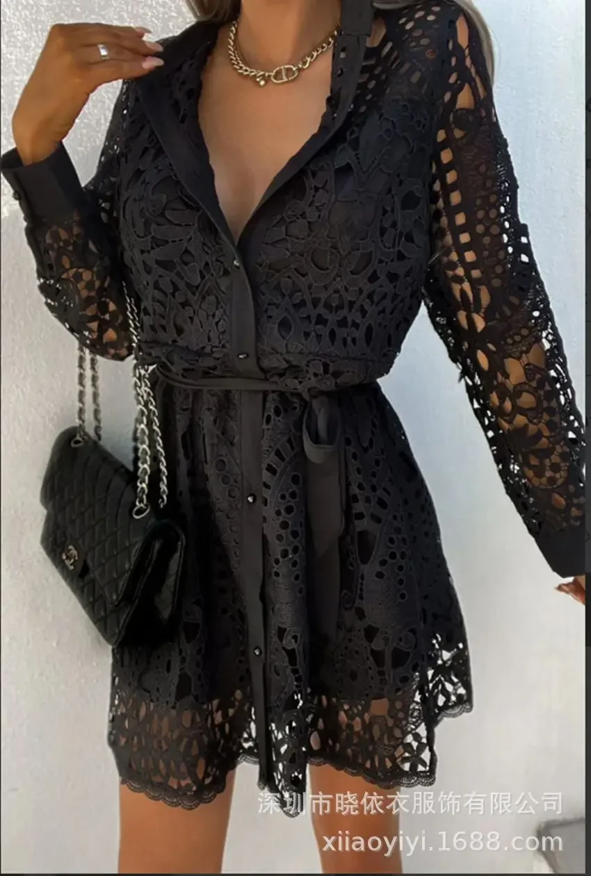 Women Sexy Dress 2024 Temperament Commuter Fashion New Strap Cardigan Lace Single-breasted Lace Shirt Waist Long Sleeved Casual