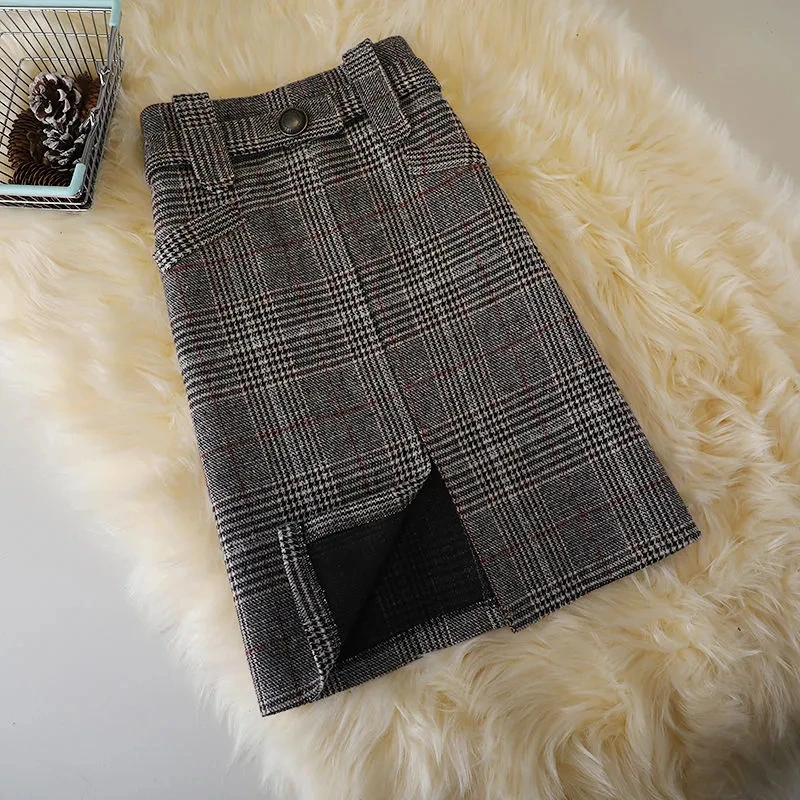 Women's Plaid Wool Midi Skirt Back Slit Bodycon Pencil Skirt Winter Trendy Office Falda Holiday Skirt Ruffled Hem A-line Corset