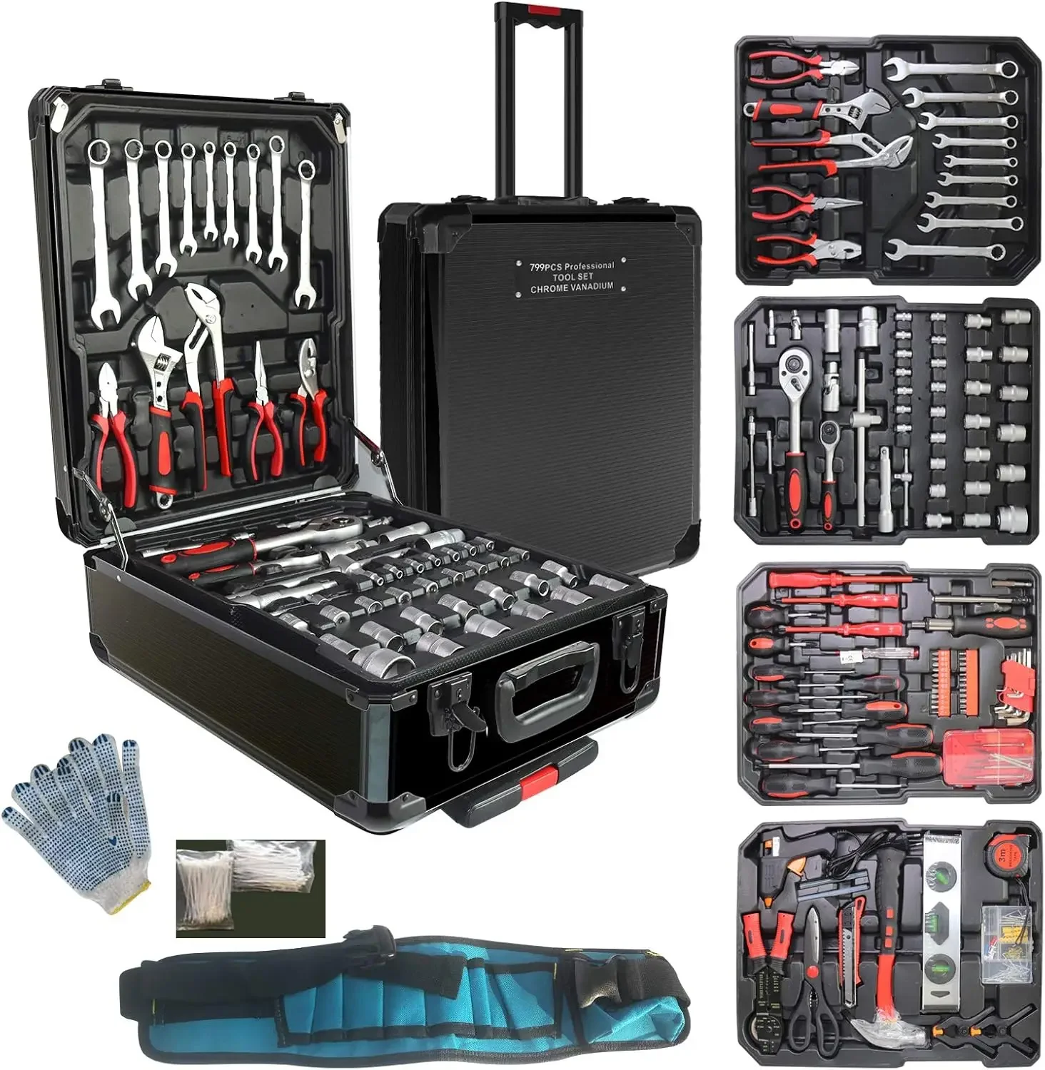 Alumínio Trolley Case Tool Set, Household Hand Tool Set com Belt, House Repair Kit, Silver