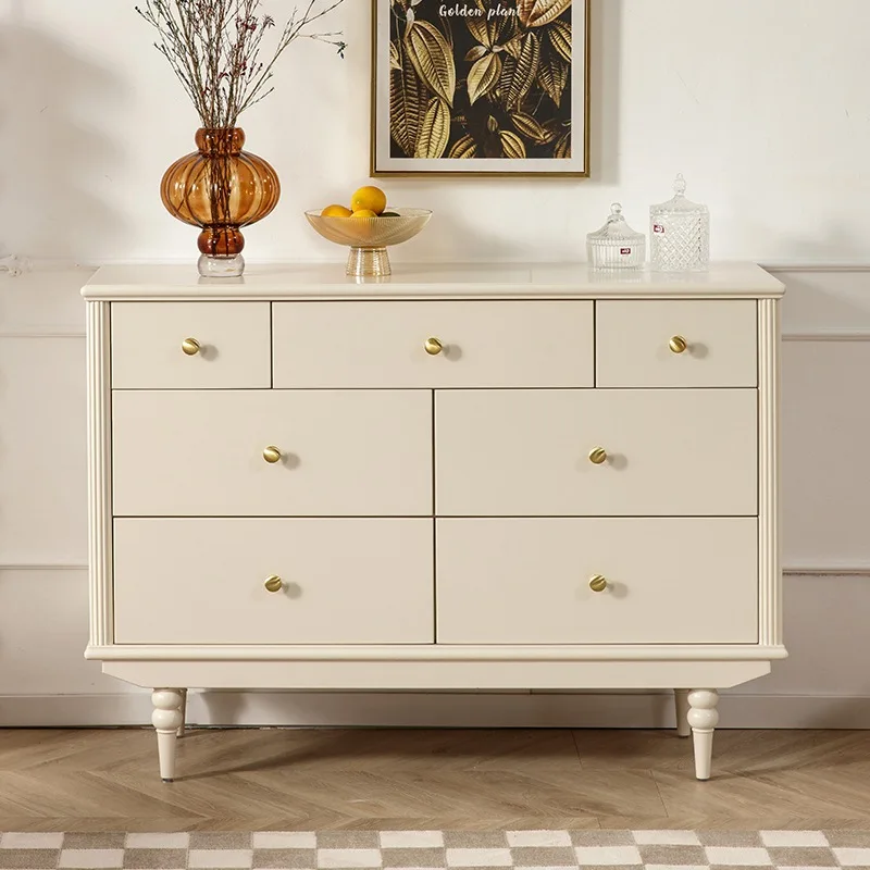 Seven chest cabinet all solid wood white American light luxury furniture pure log storage cabinet living room entrance cabinet