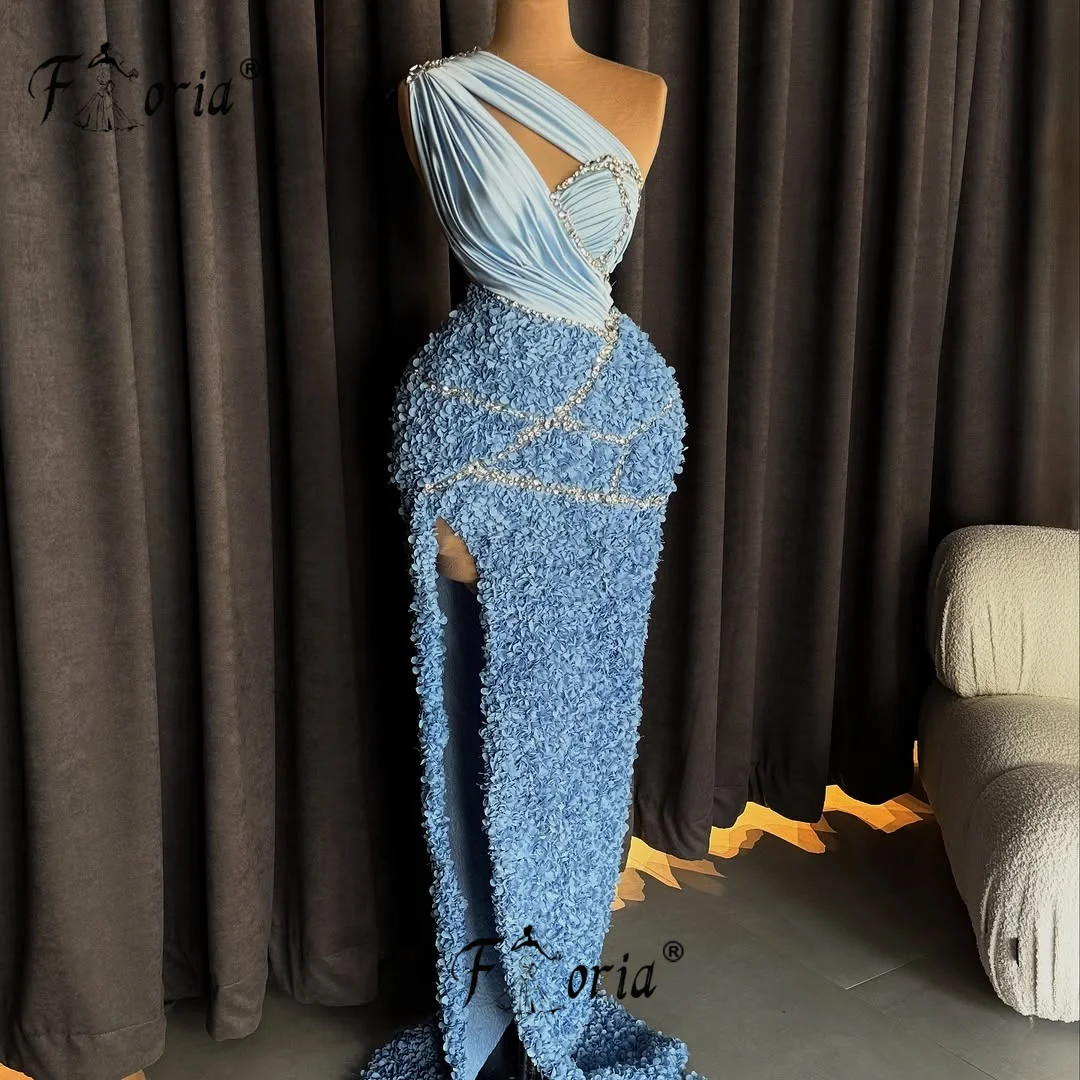 

Elegant Blue Beaded Evening Woman Robes Flower Petals 3D Appliques Party Dresses Prom Dress Black Girls 2025 vestidos de noche