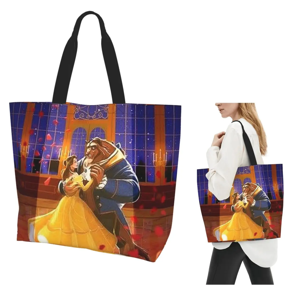 

Beauty And The Beast Shopping Tote Bag Canvas Large Capacity Shoulder Bags Shopper Grocery Handbag for Women