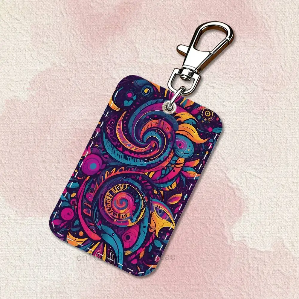 Mandala Art Colorful Rectangle Card Case Leather Card Holder Keychain Key Ring Transportation Card Case