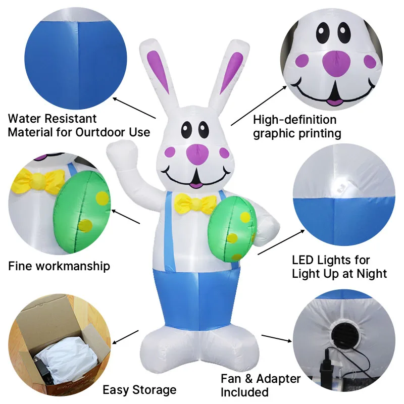 1.8M/6FT ハッピーイースターインフレータブルおもちゃ ウサギが卵を運ぶ装飾 LEDライト内蔵モデル 屋外ガーデンパーティー小道具装飾