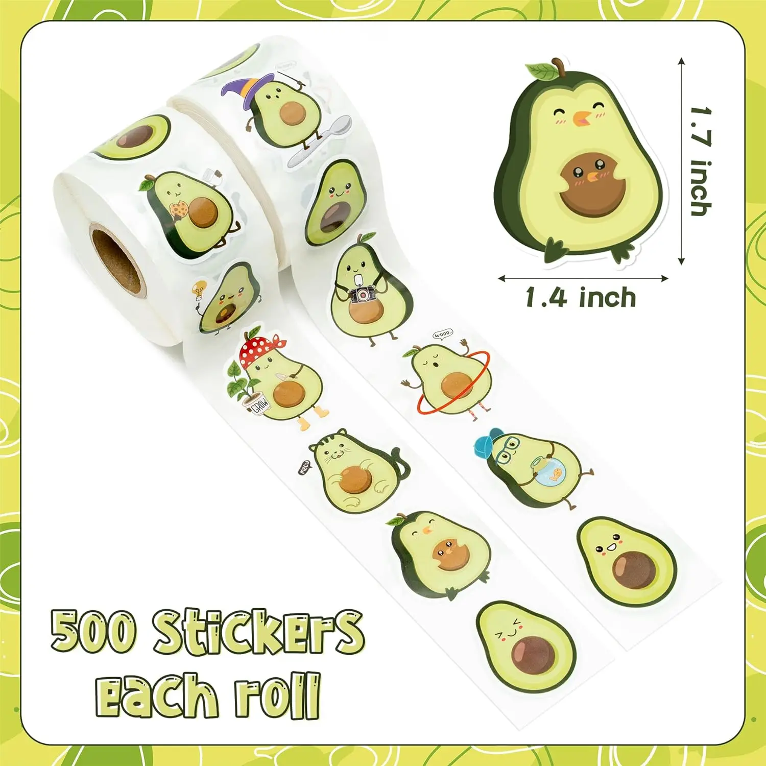 500pcs/roll Avocado Shape Stickers (2Rolls) Water Bottle Decor Packaging Scrapbook Stickers Party Gift Fillers Classroom Rewards