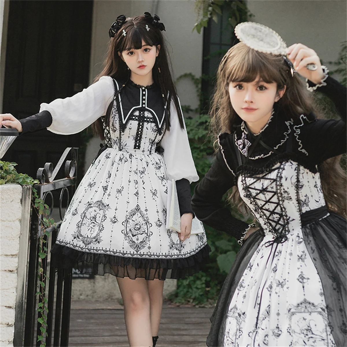 

Victoria Elegant Vintage Style Jsk Lolita Op Dark Girl Cosplay Lace Cross Button Leg Of Lamb Sleeve Printing Mesh Bowknot Dress