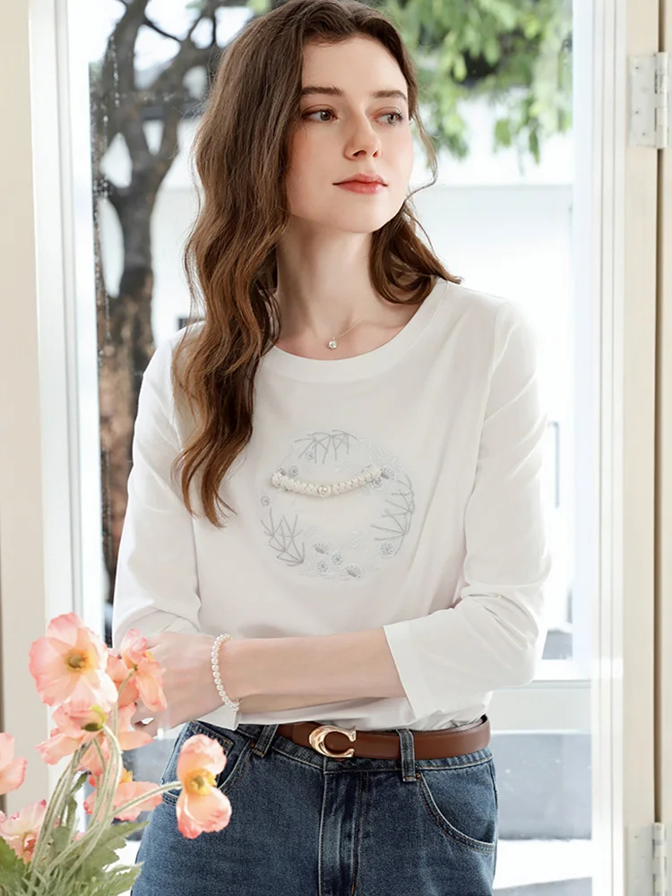 Eu acredito você camiseta para mulher branco bordado estilo chinês fivela outono 2025 elegante manga de sete quartos camisetas 2253016100