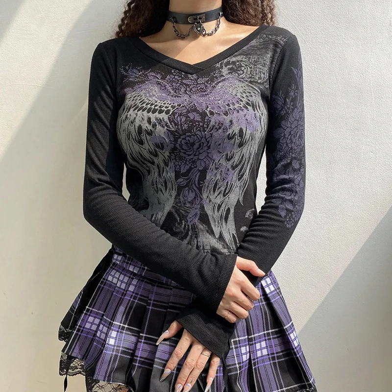 Retro Goth Pattern Long-sleeved T-shirt High Street Dark Punk Y2k 90s Harajuku O-Neck Loose Tops women Clothes vintage summer