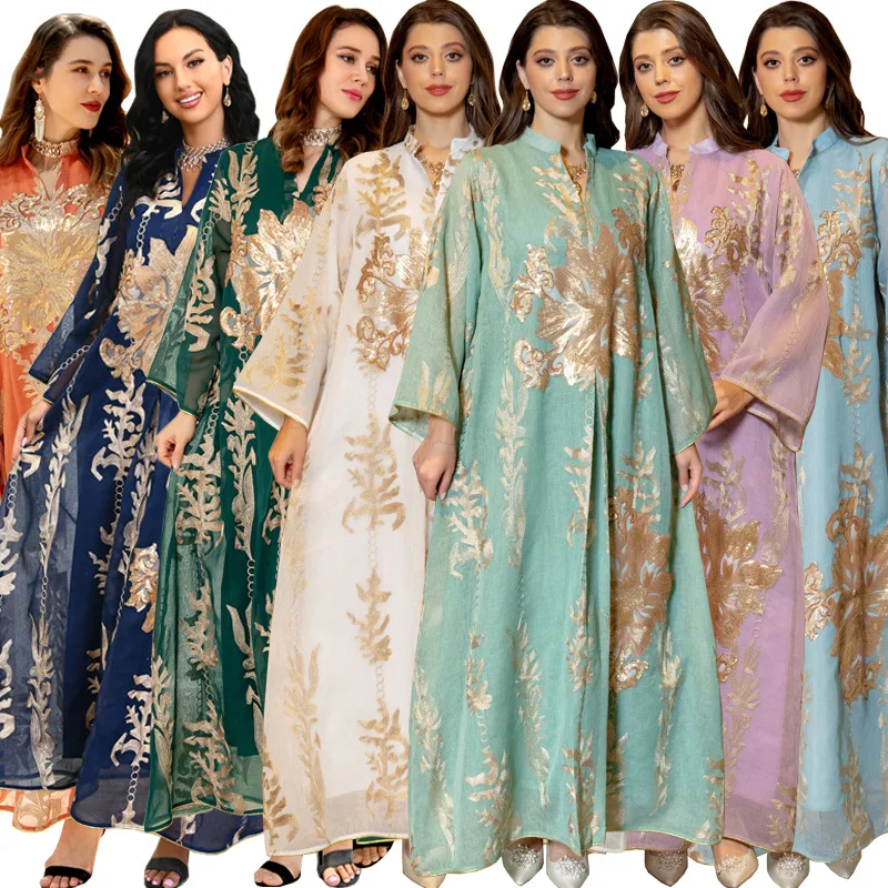 Arabic Dresses for Women Gold Sequins Embroidery Dubai Saudi Gulf Jalabiya Party Evening Loose Style Islam Kaftan Ramadan Muslim