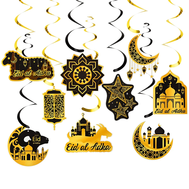 9Pcs/Set Golden Eid Mubarak Spiral Hanging Pendant Ornament 2024 Ramadan Decorations For Home Islam Muslims Festival Party Decor