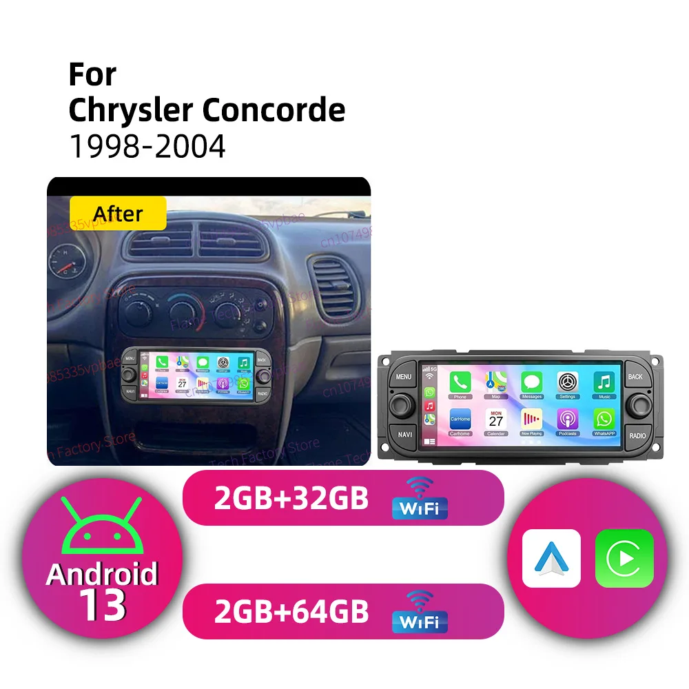 Autoradio Inalámbrico con Carplay, Android 13, Sistema Multimedia para Automóvil, para Chrysler Concorde 1998-2004, Radio de 6.86 Pulgadas, 1 Din, Unidad Principal GPS, Estéreo