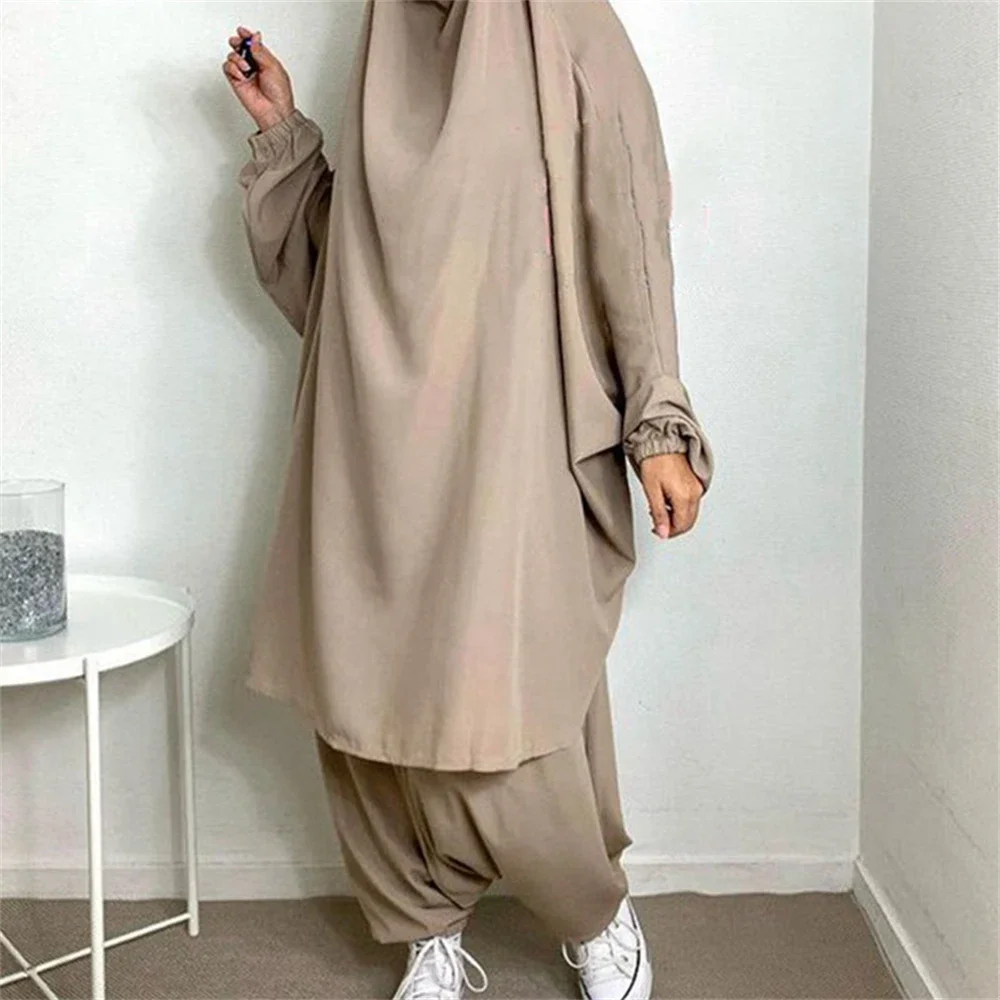 Eid Muslim Women Prayer Garment Dress Set 2 Piece Harem Pants Khimar Robe Abaya Full Cover Ramadan Gown Abayas Islamic Niqab