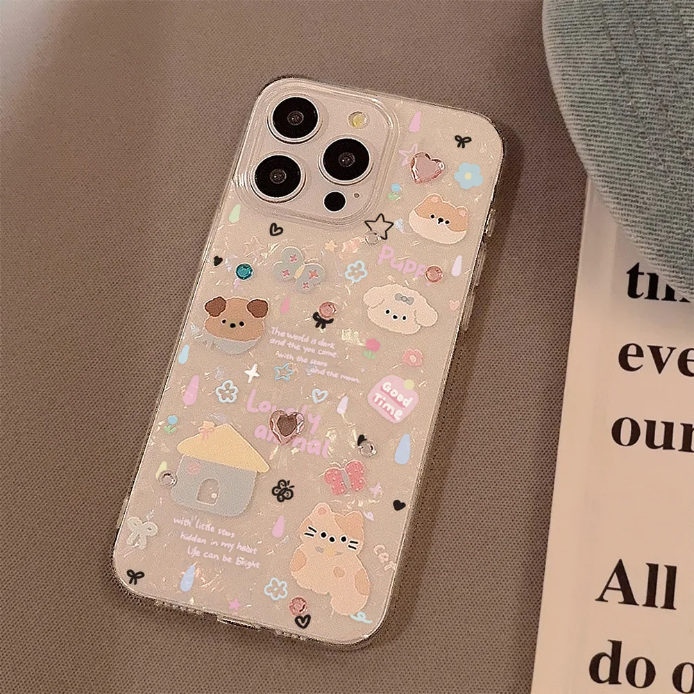 Funda de teléfono con patrón de concha de cachorro de dibujos animados para iPhone 11 12 13 14 15 16 Pro Max XR X XS 7 8 cubierta transparente de diamante 3D a prueba de golpes