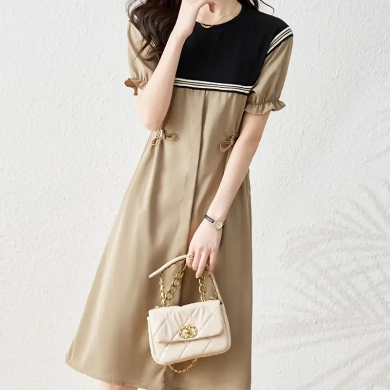 Elegant Fashion Harajuku Slim Fit Female Clothes Loose Casual Sweat All Match Skirt O Neck Korean Version Short Sleeve Dresses