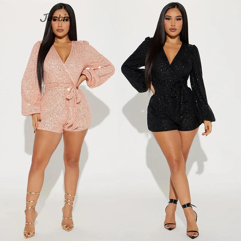 Solid Sequin Fashion Women\'s Jumpsuit Shorts Sexy Deep V-neck Long Sleeve Belt Shorts Sets Summer Party Nightclub Woman Clothes