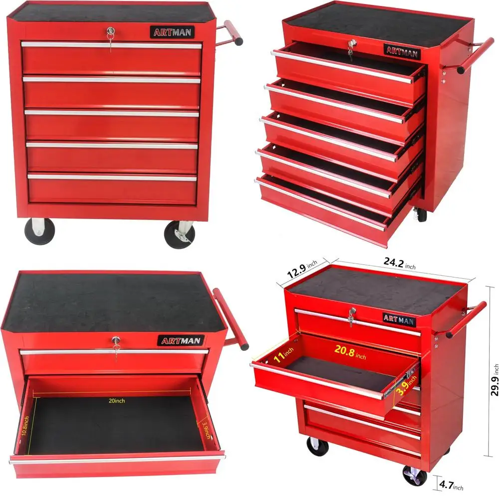 

Red Heavy-Duty Rolling Tool Cabinet with Keyed Lock and Storage for Garage or Workshop