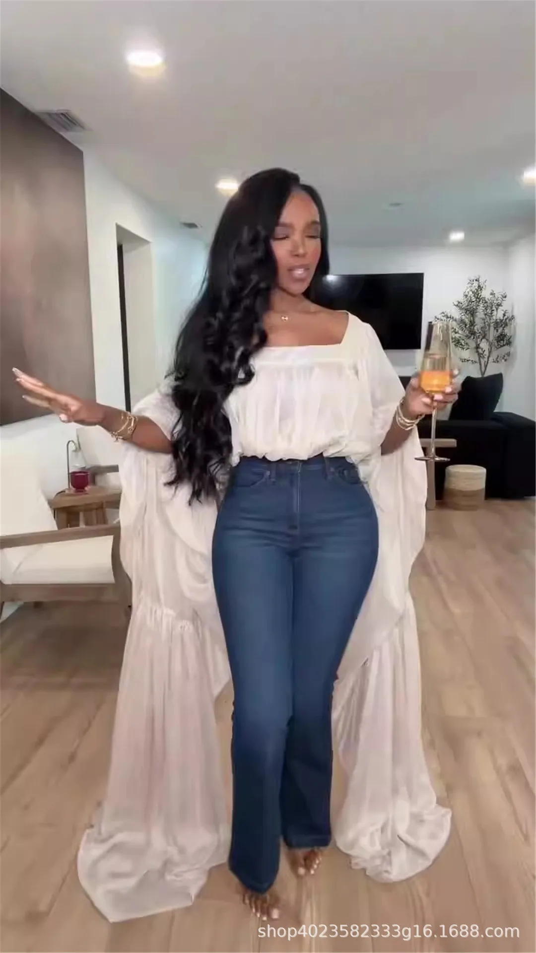 Square Neck Flowy Tunic Blouse Batwing Long Ruffle Maxi Cape Sleeve Loose Chiffon Blouse Women Boho Casual Elegant Flowy Shirt