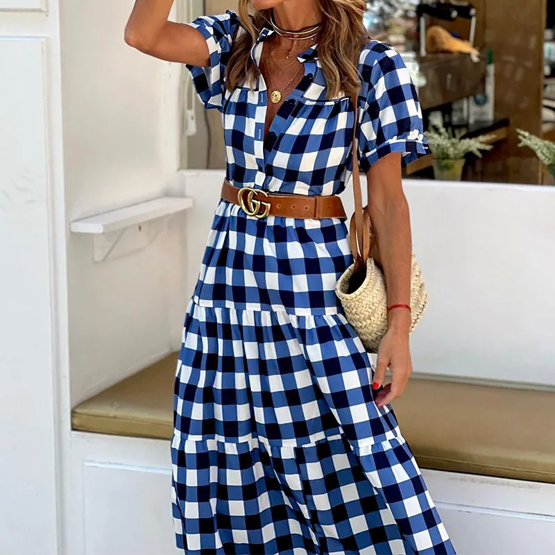 Elegant Casual Slim Women Dress Female Long Dress 2024 Summer Gingham Print Button V-neck High Waist Short Sleeve Dresses