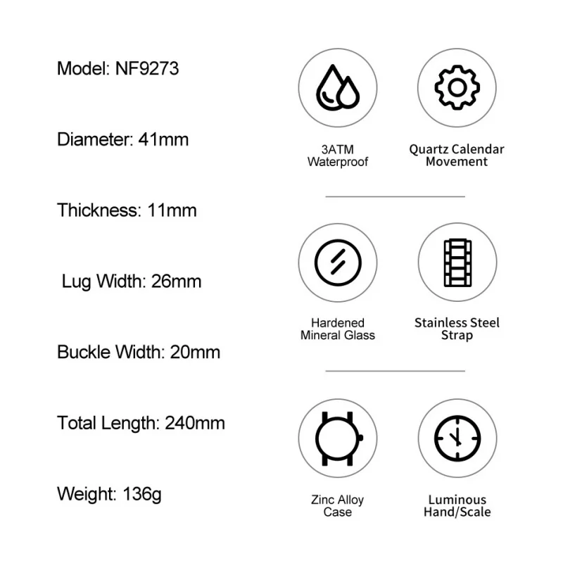 NF9273 NAVIFORCE Men's Quartz Watch Business Watch Day Display Stainless Steel Watchband 3ATM Waterproof Men's Minimalist Watch