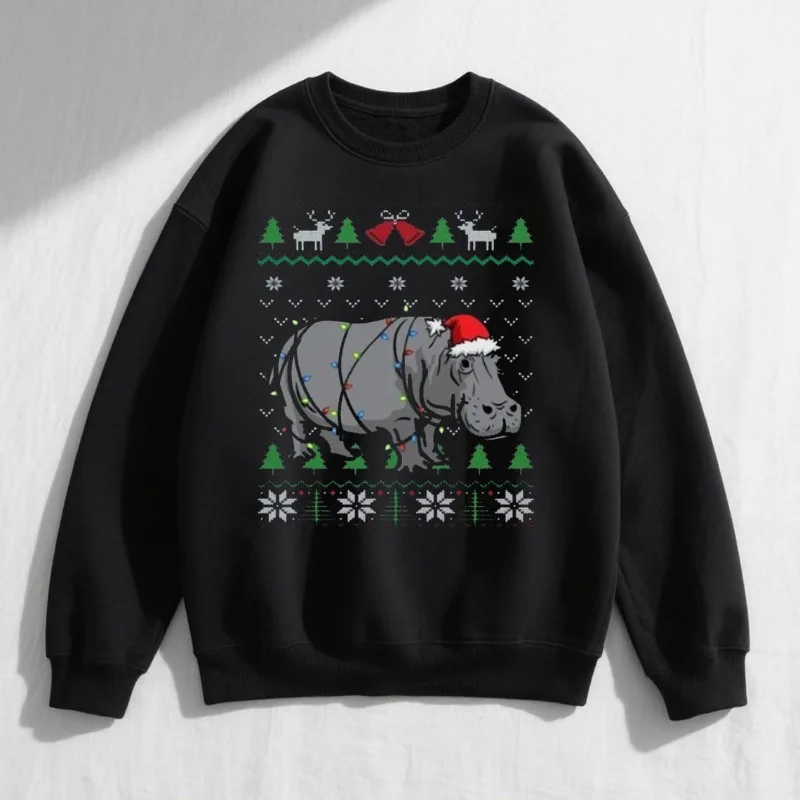 Süßes Nilpferd, hässliches Weihnachts-Sweatshirt, Nilpferd, Weihnachtsmütze, eingewickelt in Weihnachtsbeleuchtung, lustiges Geschenk für afrikanische Tierwelt, Nilpferd-Liebhaber