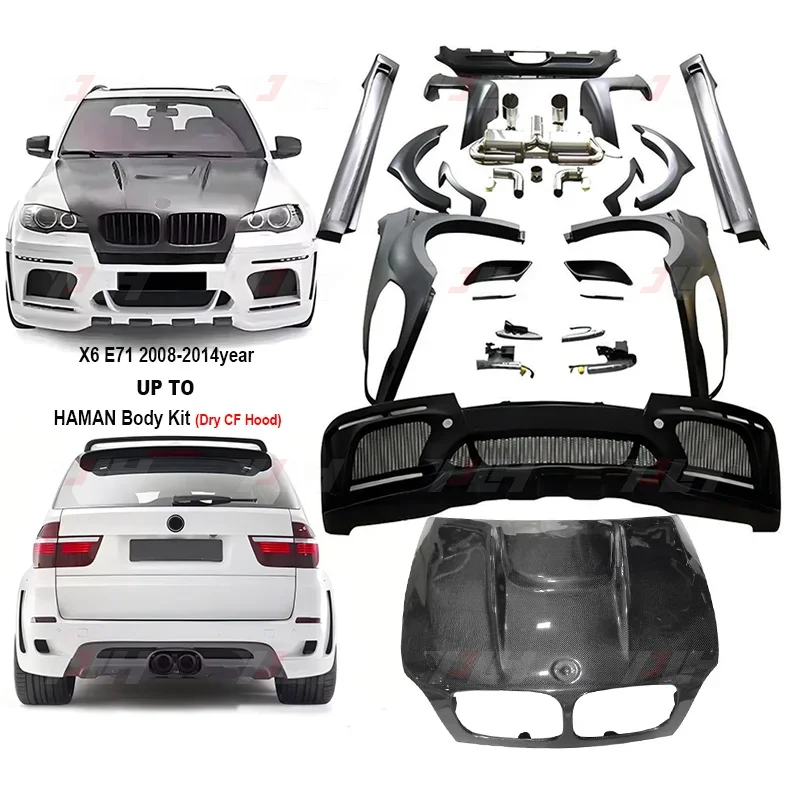 X6 E71 to Haman Style Body Kit Front Bumper Over Fenders Side Skirts Rear Tips Exhaust Tips Dry CF Hood For Bmw X6 E71 Bonnet