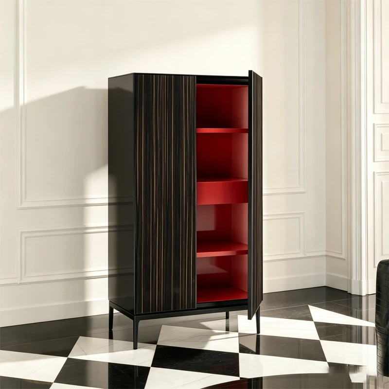 Italian luxury wooden high-rise display cabinet, 4-story design, dark wood grain, 2-door display cabinet