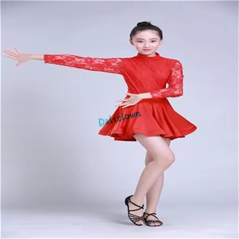 Latin Dance Dress For Girls Short Long Sleeve Lace Standard Ballroom Dancing Dress Skirt Kid Performance Wear Tango Salsa Dress