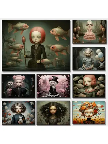 Mark Ryden 클래식 아트워크 초현실적인 스위트스케이프 소녀와 물고기 포스터, 다크 월드 만화 캔버스 페인팅, 벽 예술 그림, 홈 장식