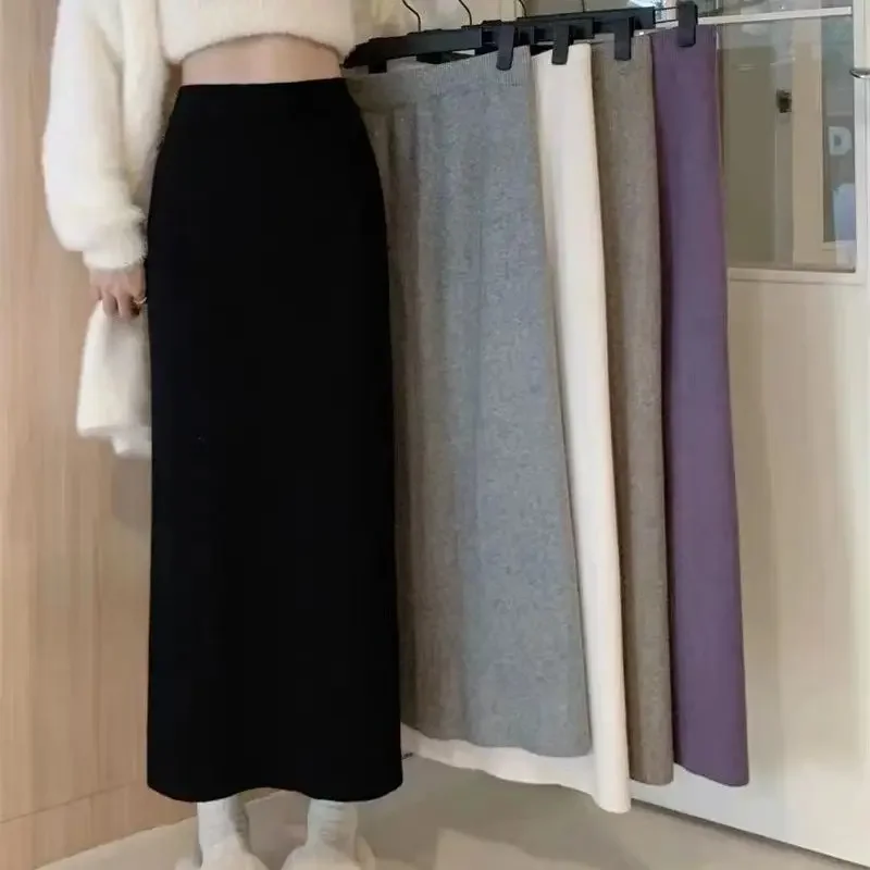 Autumn Winter Knitted Skirt New Style Straight Tube Slimming All-match Small High Waist Skirt Solid Color Knitted Skirt