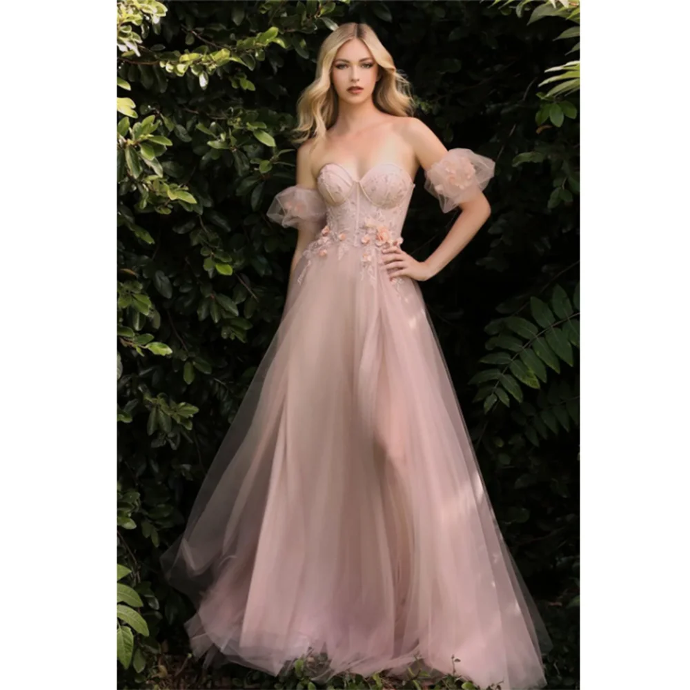 Luxury Light Solid Color Prom Party Off Shoulder Side High Split Tulle Floor Length Sweetheart Slimming Formal Evening Dresses