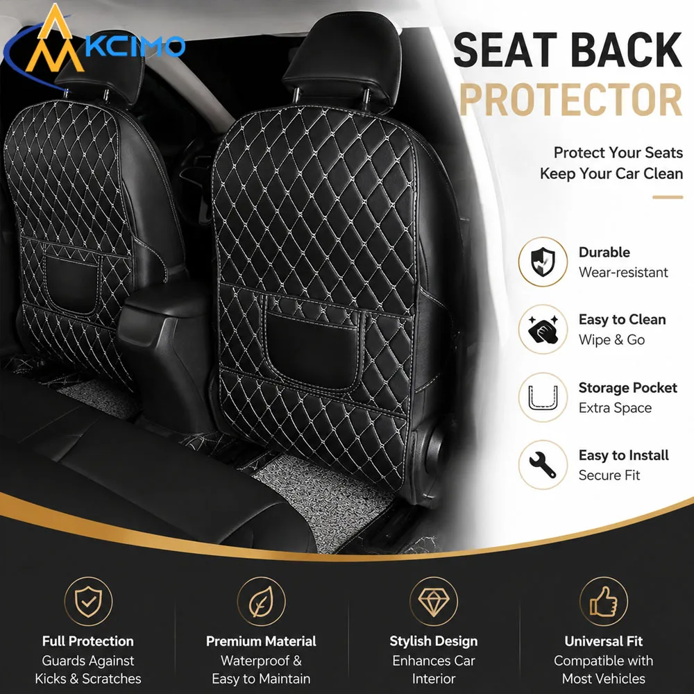 Car Seat Back Anti‑Kick Protector Cover,3‑Point Fixed Wear‑Resistant Dirty‑Proof Mat With Storage Pocket For Sedan SUV MPV