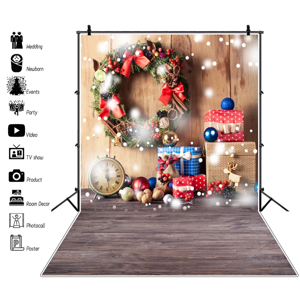 Christmas Backdrop for Photography Xmas Tree Fireplace Gifts Wooden Floor Baby Portrait Family Party Photocall Background Decor