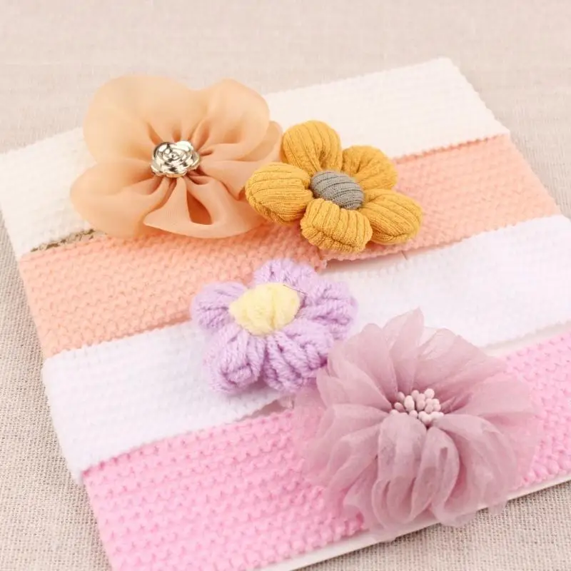 W3JF 4PCS 다채로운 직물 꽃 머리 장식 어린이를위한 부드럽고 편안한 아기 헤드웨어 여자 헤드 밴드