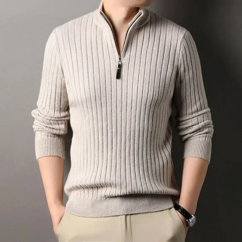 Men's Quarter Zipper Sweater for Autumn and Winter, Slim Fit and Casual Knit Stand Up Collar and Lapel Knit Sweater