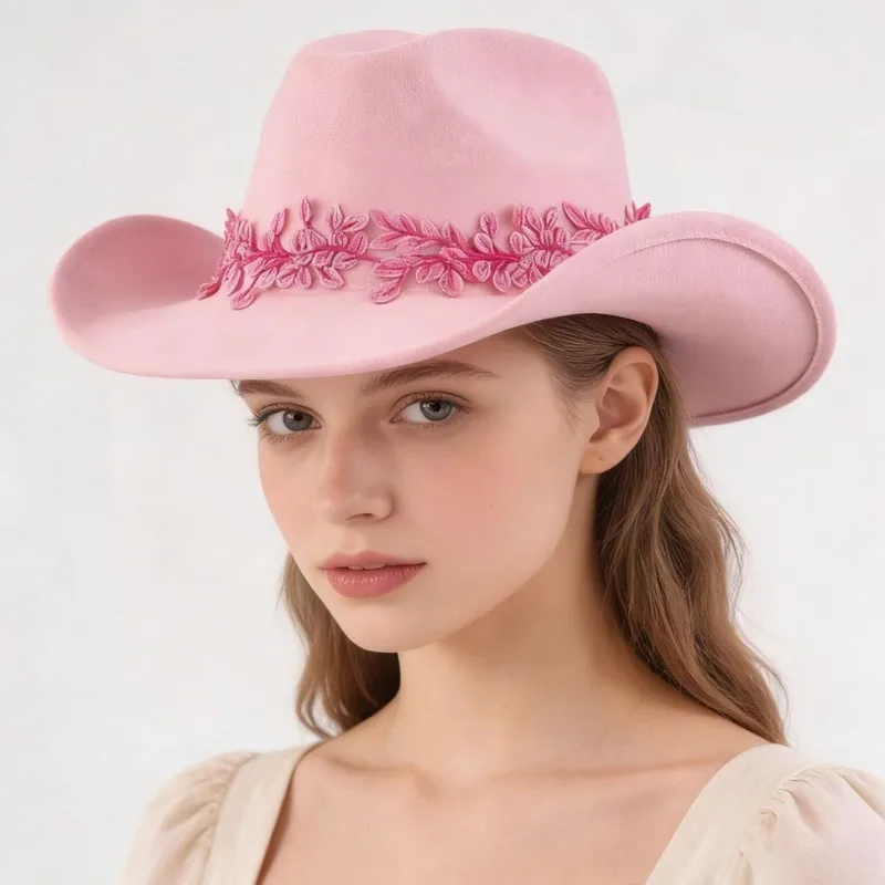 Felt cowboy hat with three-dimensional leaf embellishments, creating a European and American-inspired look, perfect for dates, a