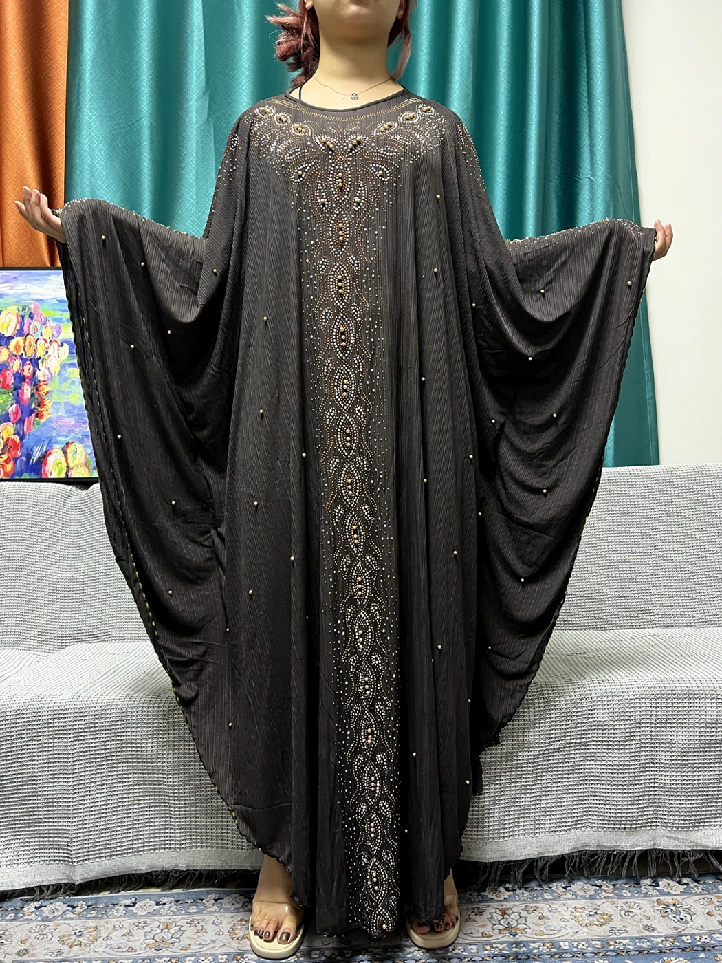 Muçulmano Ramadã Abayas para Mulheres, Dubai Chiffon Diamonds Boubou, Manto Feminino Solto, Vestuário de Oração do Islã Africano, Turbante, Preto,