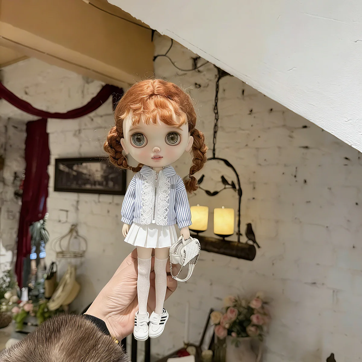 

30cm Blyth Doll Clothe Accessories Sweet Blue And White Striped Lace Zip-up Shirt Jacket + Elegant Skirt Set For Blyth Doll OB24