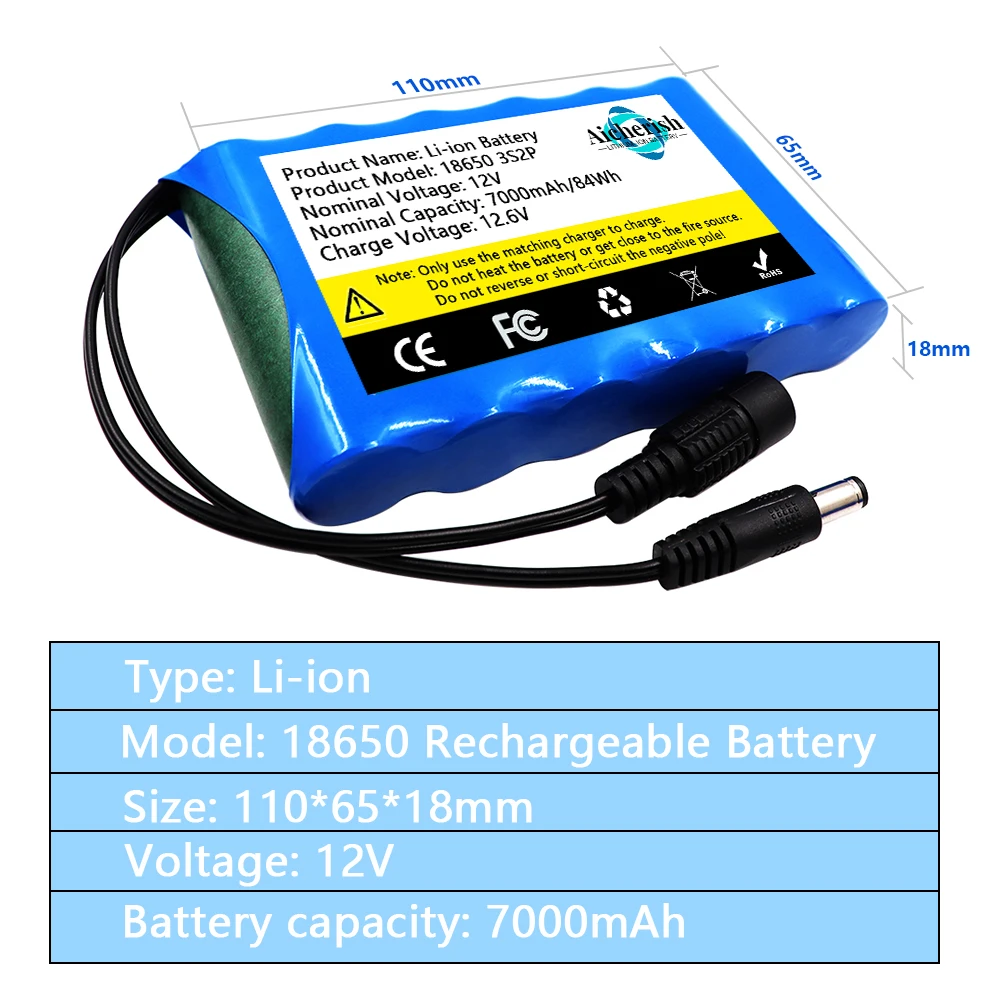 3S2P 12V 7000mah 18650 Lithium Ion Battery DC 12.6V 7Ah Rechargeable CCTV, Camera Monitor Replacement Battery + Charger