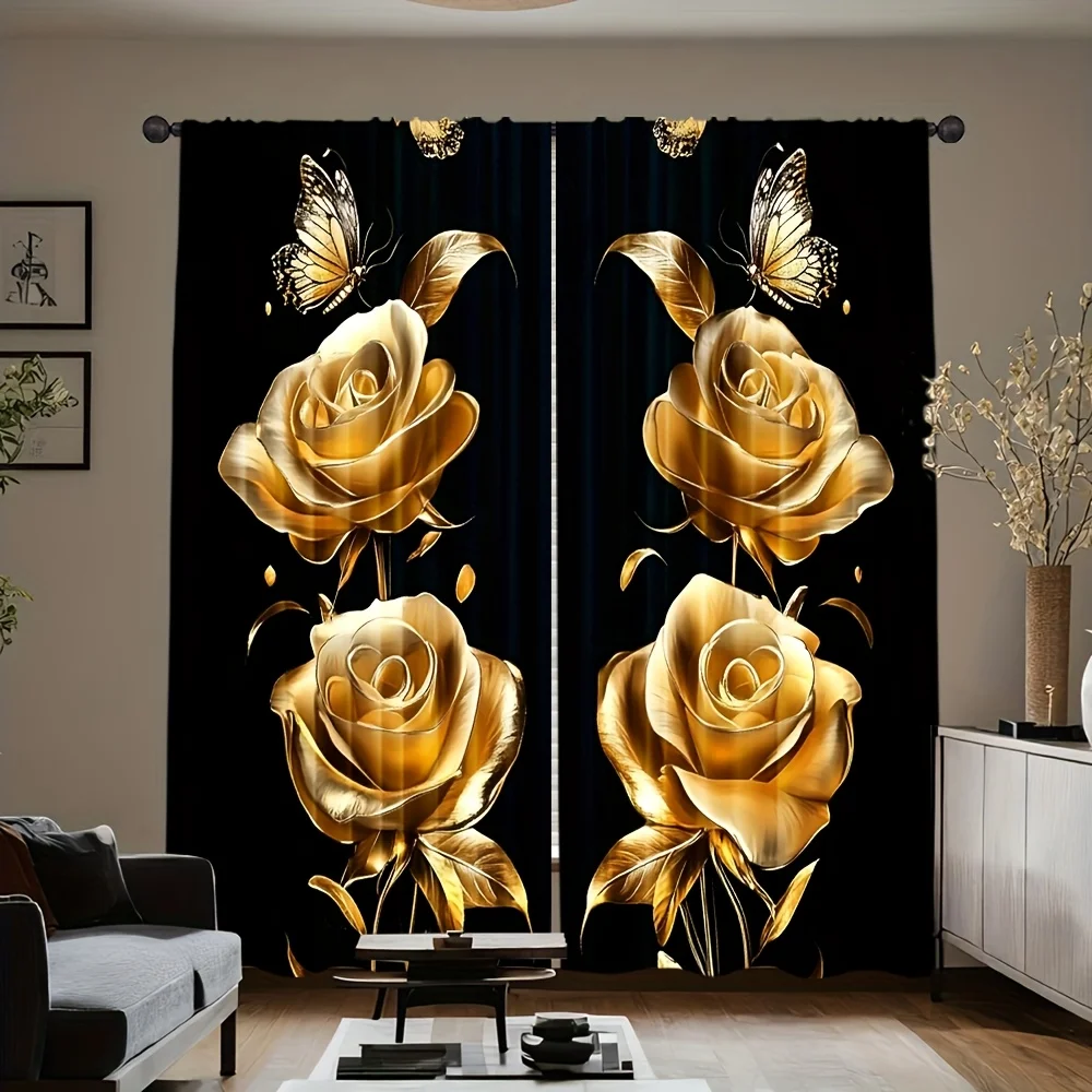 2pc Golden Rose & Butterfly Curtains – All-Season Home Decor for Bedroom, Living Room & Kitchen (Rod Not Included)