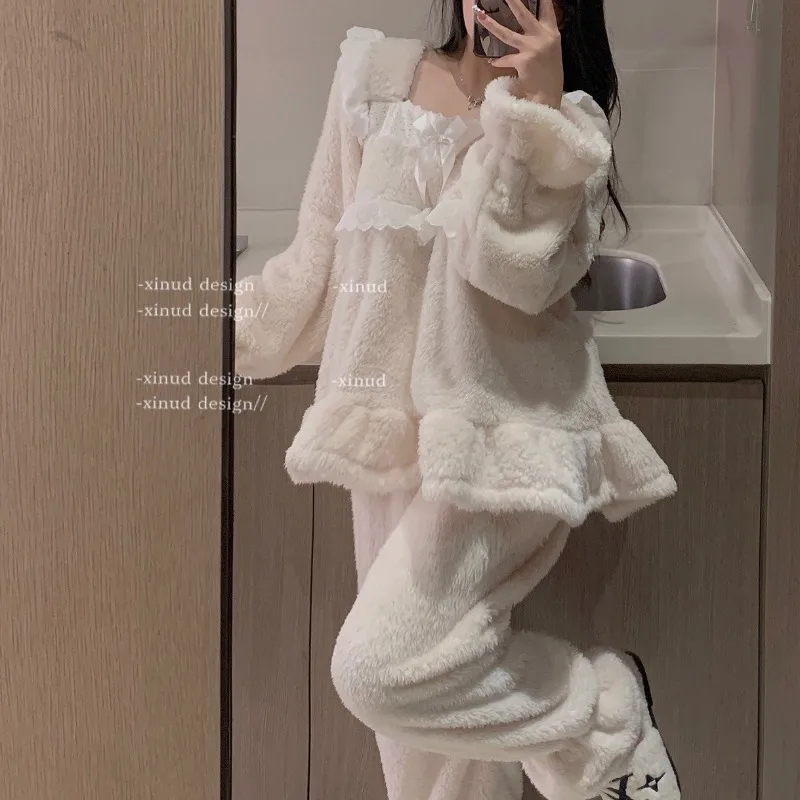 Women Autumn Winter Fleece Nightgown Girl Student Fleece Warm Loungewear Soft Lady Comfortable Homewear Woman Loose Pajamas Teen