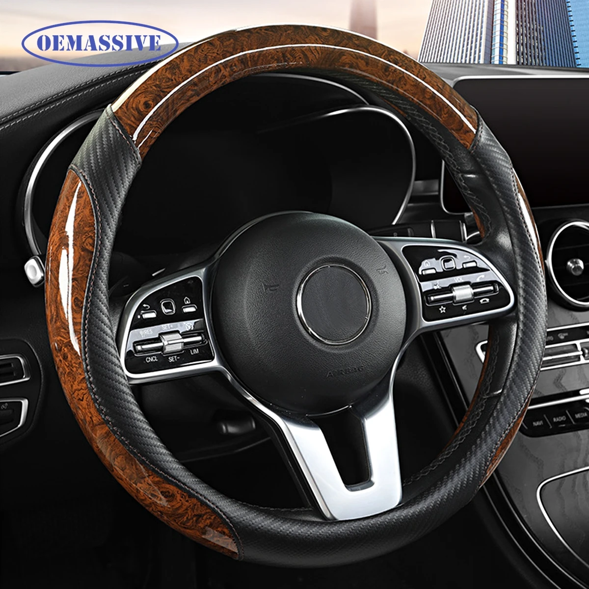 마호가니 우드 그레인 스티어링 휠 커버 탄소 섬유 미끄럼 방지 38cm 15 인치 BMW 1 3 5 시리즈 E39 E46 E60 E90 F30 X1 X3 X5