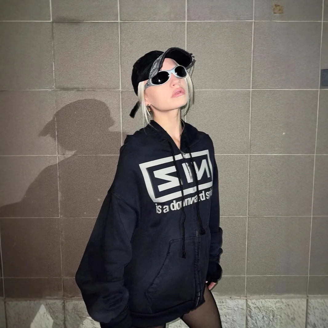 

GRAILZ New Band-Print Oversized Two-in-One Glove Hoodie Zipper Jacket for Men and Women - High Street Style