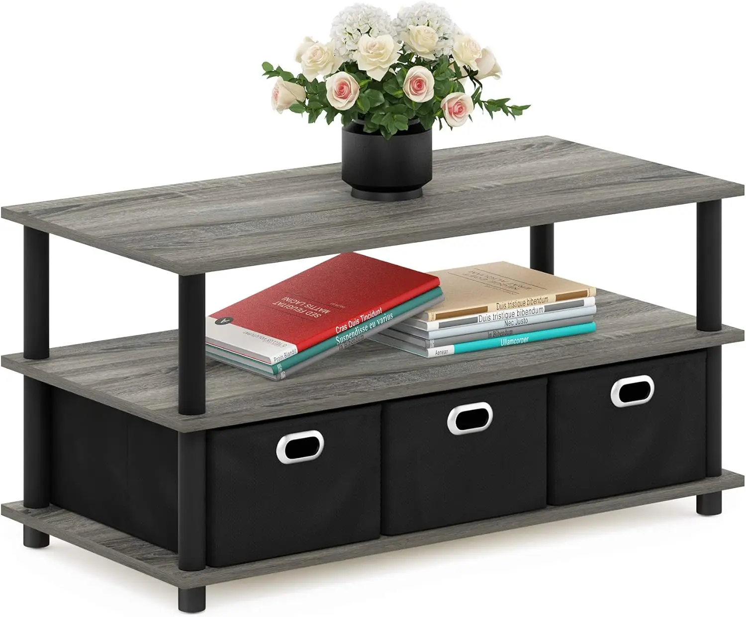 

Modern Three-Tier Coffee Table with Storage Bins, French Oak Grey/Black, Space-Saving Design for Living Room and Apartment