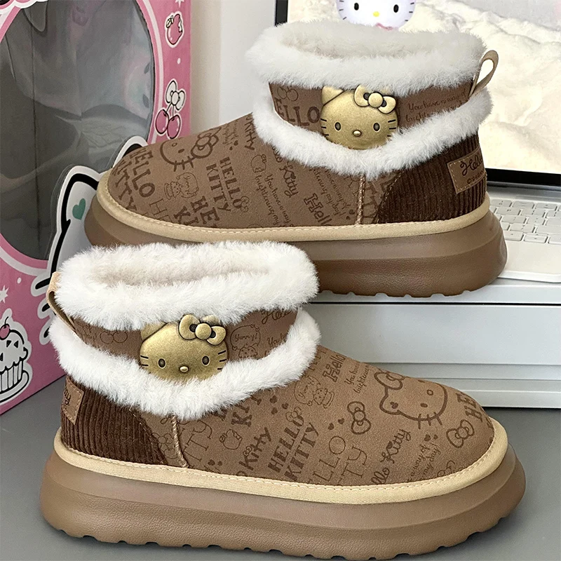 Sanrio Hello Kitty Boots Anime Cartoon Cute Short Boots Women's Winter Anti Slip Thick Bottom Warm Snow Boots Christmas Gift