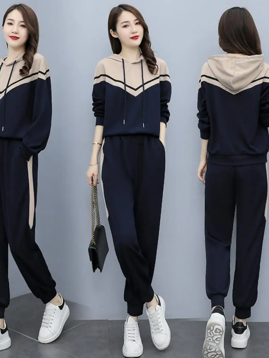 

Модный спортивный повседневный женский комплект: осенняя новинка в корейском стиле, свободный универсальный антивозрастной комплект из двух предметов с цветовыми блоками