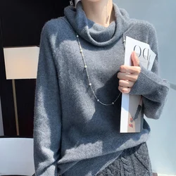 Women's Luxury High Neck Sweater Autumn/Winter New Solid Color Loose Knitted Basic Pullover 100% Merino Cashmere Wool Top S-XXL