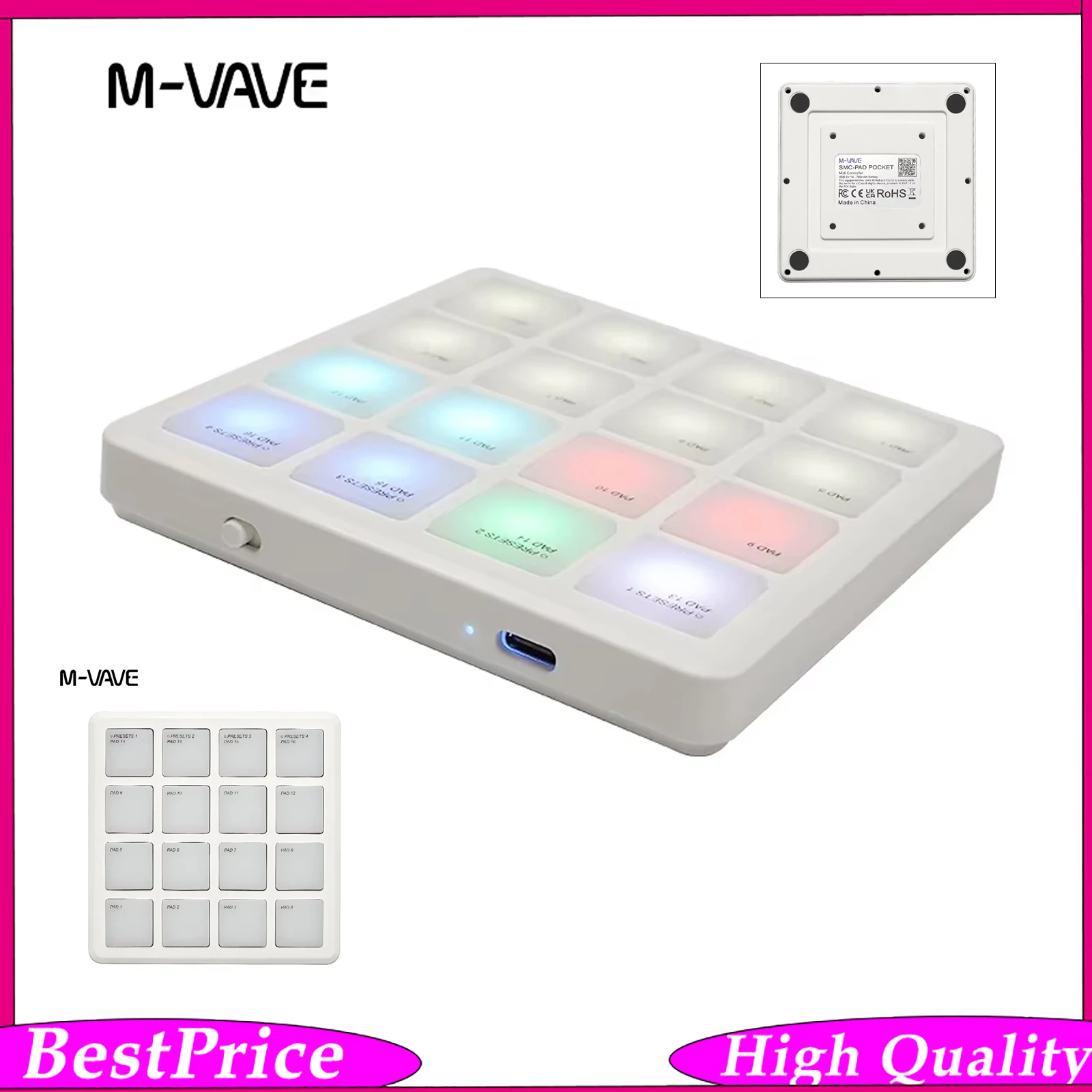 M-VAVE SK-16 SMC-PAD Wireless MIDI Controller Pocket Pad USB-C Interface Portable Design  Suitable Percussion Keyboard
