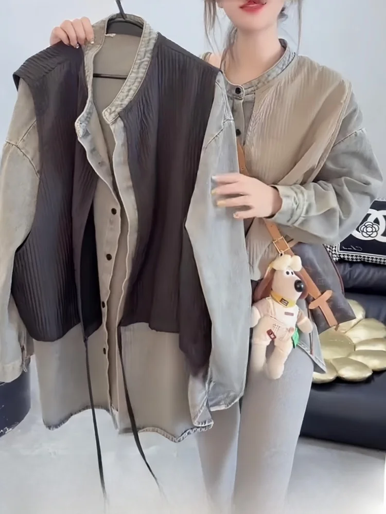 ゆったりフィットデニムシャツジャケット レディース 秋ファッションセット カジュアル ハイウエスト ラウンドネック ボタン留め 通気性 ミッドシル