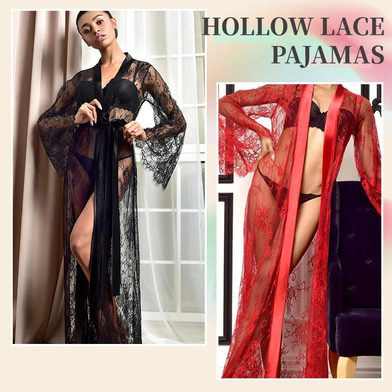 Women Sexy Lace Sleep Dressing Long Bathrobe Nightwear See Through Deep V Sheer Long Gowns Cardigan Erotic Lace  Nightdress