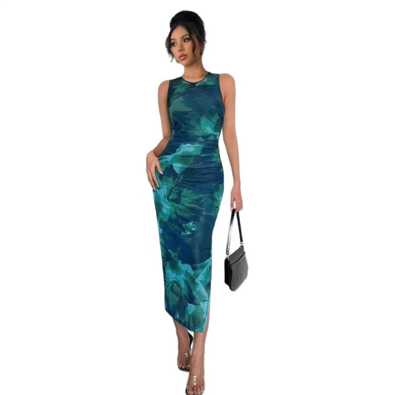 Independent Station2025Novo estilo verão feminino sem mangas estampado malha bodycon vestido